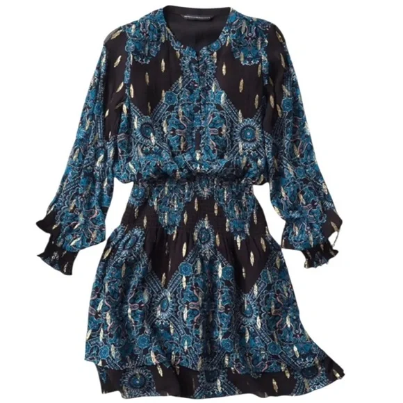 EUC White House Black Market Black
Floral Metallic Dot Smocked Waist Dress Small - Picture 1 of 11